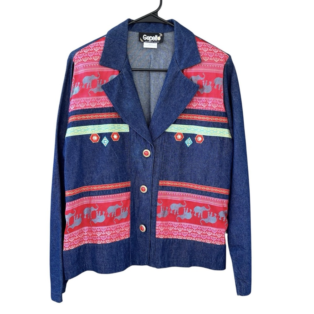 Vintage Gepetto Embellished Denim Blazer Jacket‎ Women's S Red & Gold Buttons